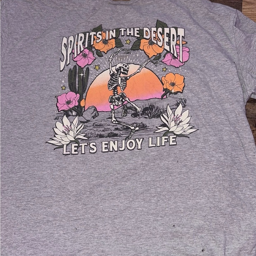 Gray Graphic Tee with Desert Skeleton Design